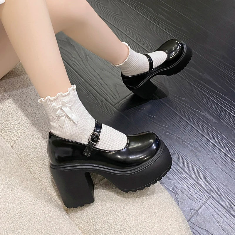 Black Chunky Platform Pumps - Mary Jane Shoes With Square Heel & Ankle Buckle - ZOOMNSTORE