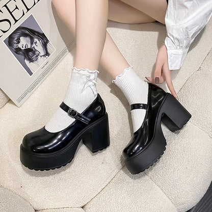 Black Chunky Platform Pumps - Mary Jane Shoes With Square Heel & Ankle Buckle - ZOOMNSTORE