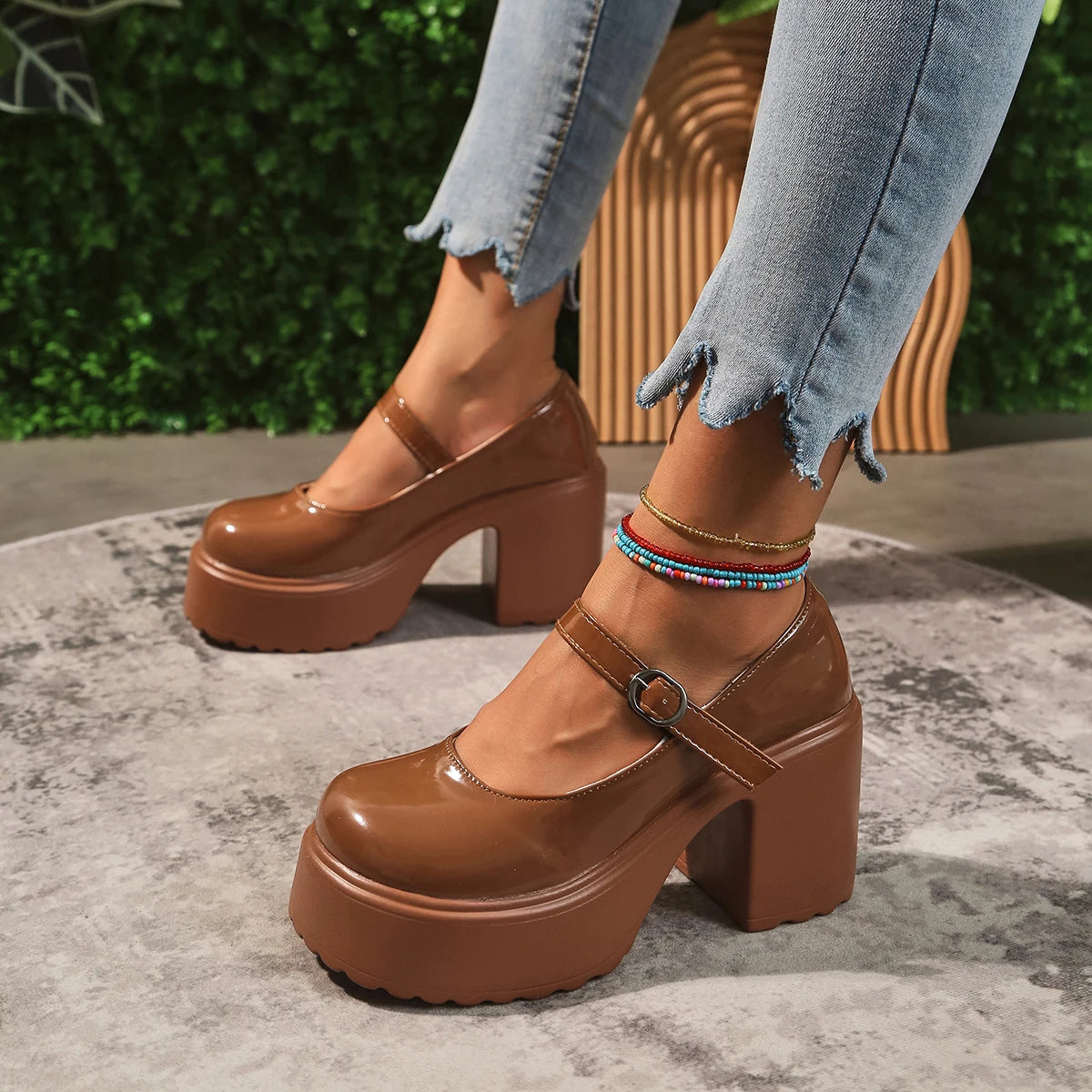 Black Chunky Platform Pumps - Mary Jane Shoes With Square Heel & Ankle Buckle - ZOOMNSTORE