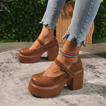 Black Chunky Platform Pumps - Mary Jane Shoes With Square Heel & Ankle Buckle - ZOOMNSTORE
