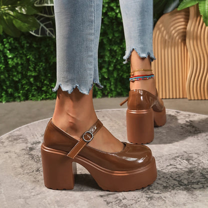 Black Chunky Platform Pumps - Mary Jane Shoes With Square Heel & Ankle Buckle - ZOOMNSTORE