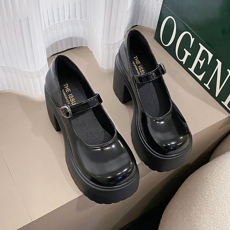 Black Chunky Platform Pumps - Mary Jane Shoes With Square Heel & Ankle Buckle - ZOOMNSTORE