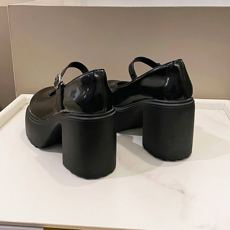 Black Chunky Platform Pumps - Mary Jane Shoes With Square Heel & Ankle Buckle - ZOOMNSTORE