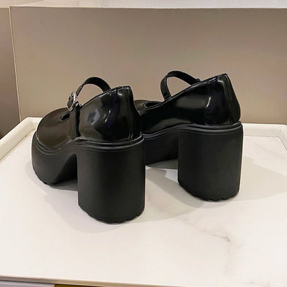 Black Chunky Platform Pumps - Mary Jane Shoes With Square Heel & Ankle Buckle - ZOOMNSTORE
