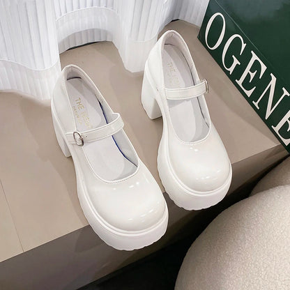 Black Chunky Platform Pumps - Mary Jane Shoes With Square Heel & Ankle Buckle - ZOOMNSTORE