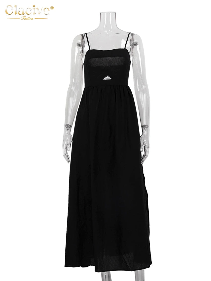 Elegant Black Cotton Ankle-Length Dress - Womens Sleeveless Summer Dress - ZOOMNSTORE