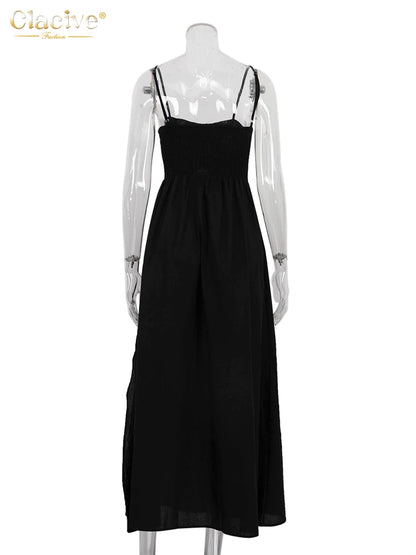 Elegant Black Cotton Ankle-Length Dress - Womens Sleeveless Summer Dress - ZOOMNSTORE