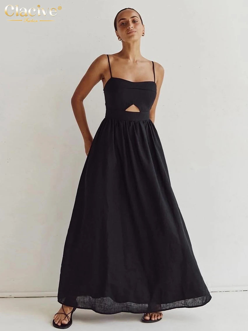 Elegant Black Cotton Ankle-Length Dress - Womens Sleeveless Summer Dress - ZOOMNSTORE