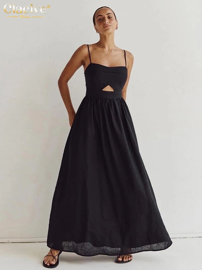 Elegant Black Cotton Ankle-Length Dress - Womens Sleeveless Summer Dress - ZOOMNSTORE