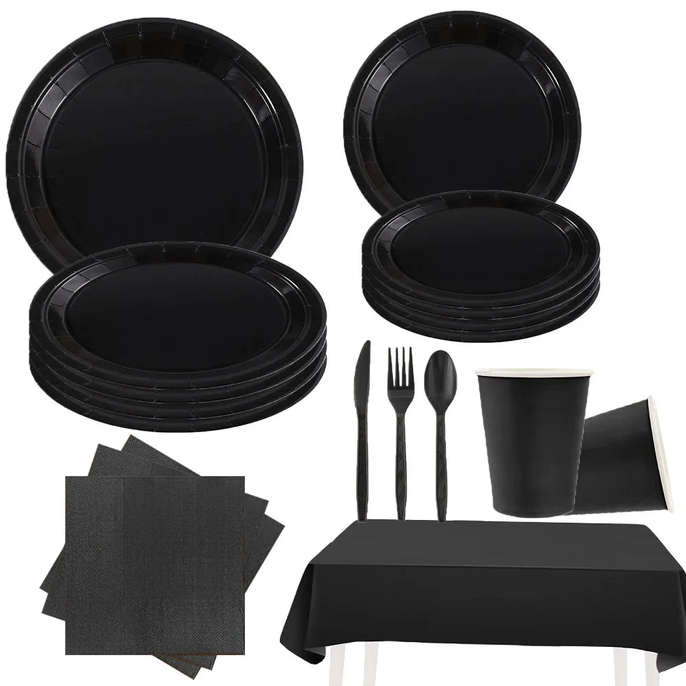 Black Birthday Party Tableware Set - 20-Piece Disposable Plates Cups Paper and Tablecloth - ZOOMNSTORE