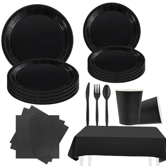 Black Birthday Party Tableware Set - 20-Piece Disposable Plates Cups Paper and Tablecloth - ZOOMNSTORE