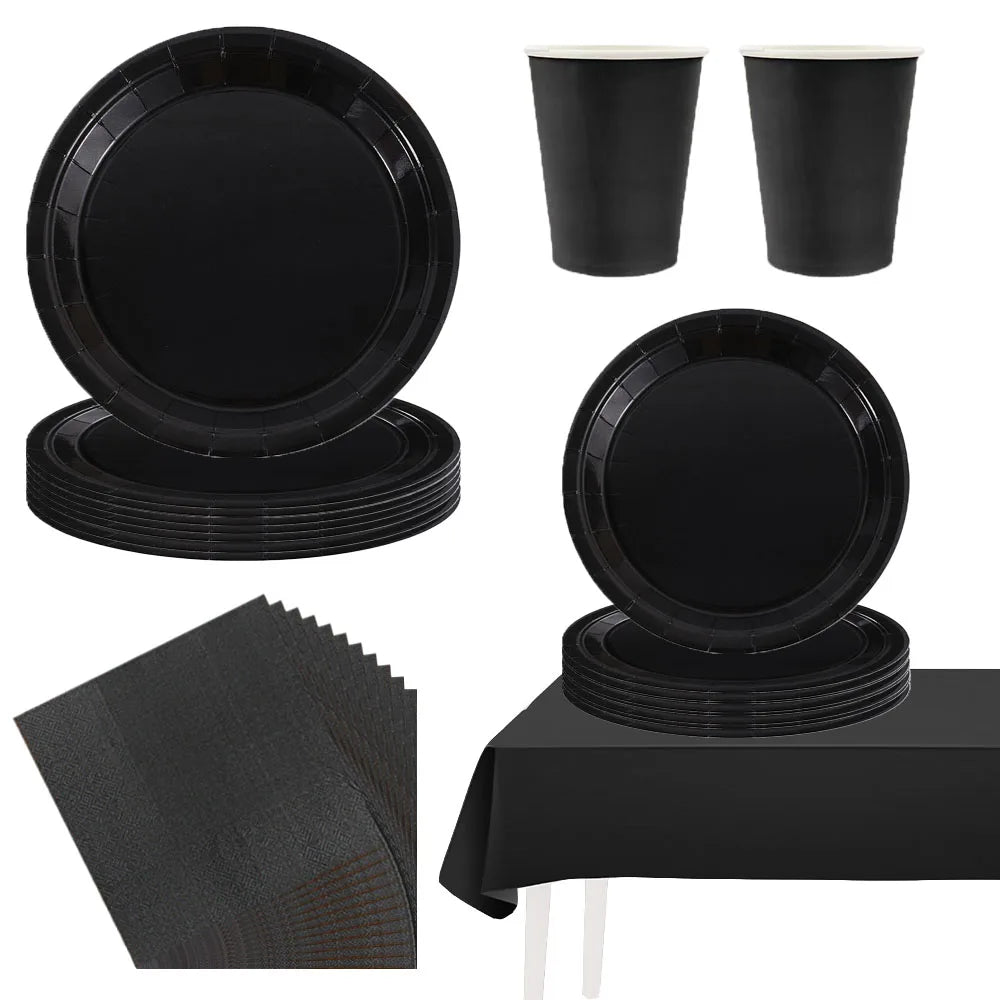 Black Birthday Party Tableware Set - 20-Piece Disposable Plates Cups Paper and Tablecloth - ZOOMNSTORE
