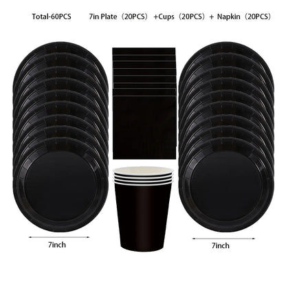 Black Birthday Party Tableware Set - 20-Piece Disposable Plates Cups Paper and Tablecloth - ZOOMNSTORE