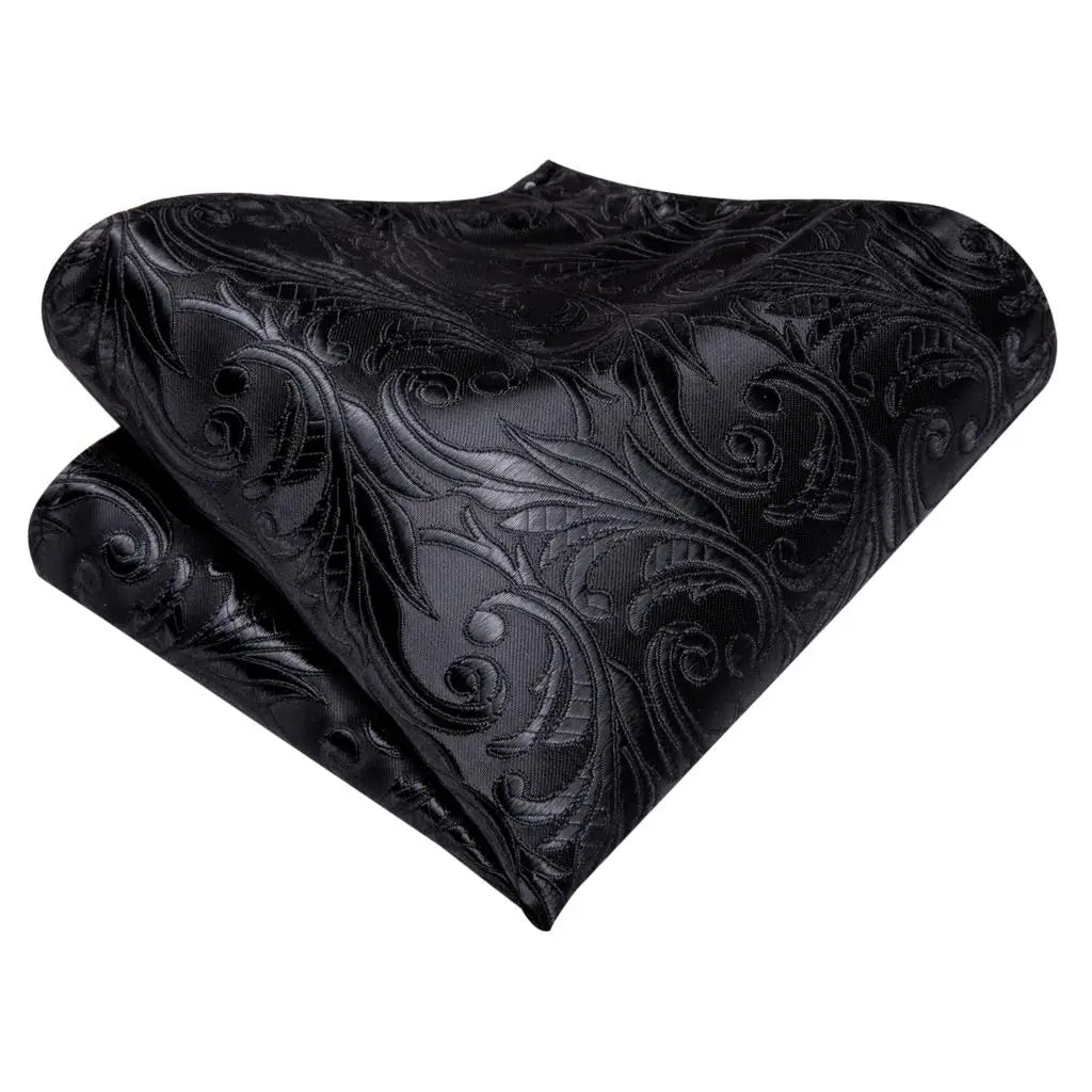 Black Floral Silk Wedding Tie Set - Elegant Necktie with Handkerchief  Cufflinks for Men - ZOOMNSTORE