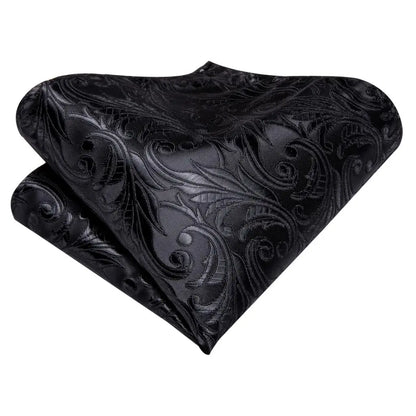Black Floral Silk Wedding Tie Set - Elegant Necktie with Handkerchief  Cufflinks for Men - ZOOMNSTORE