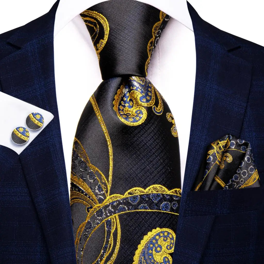 Black Floral Silk Wedding Tie Set - Elegant Necktie with Handkerchief  Cufflinks for Men - ZOOMNSTORE