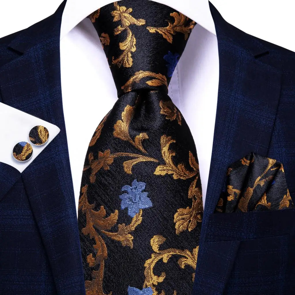 Black Floral Silk Wedding Tie Set - Elegant Necktie with Handkerchief  Cufflinks for Men - ZOOMNSTORE