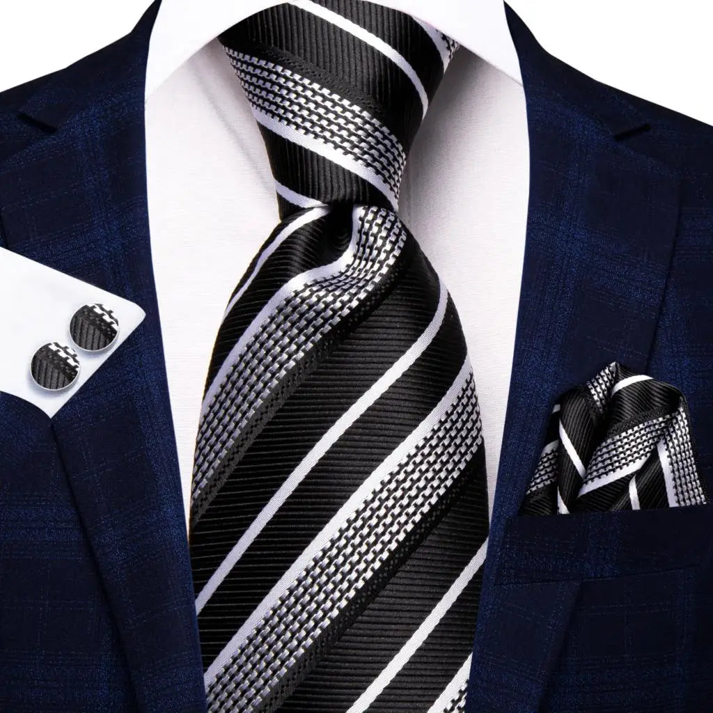 Black Floral Silk Wedding Tie Set - Elegant Necktie with Handkerchief  Cufflinks for Men - ZOOMNSTORE