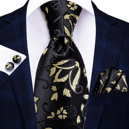 Black Floral Silk Wedding Tie Set - Elegant Necktie with Handkerchief  Cufflinks for Men - ZOOMNSTORE