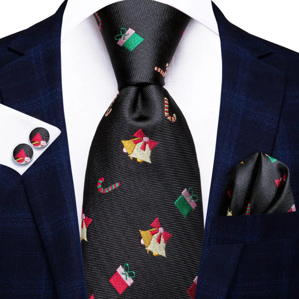 Black Floral Silk Wedding Tie Set - Elegant Necktie with Handkerchief  Cufflinks for Men - ZOOMNSTORE
