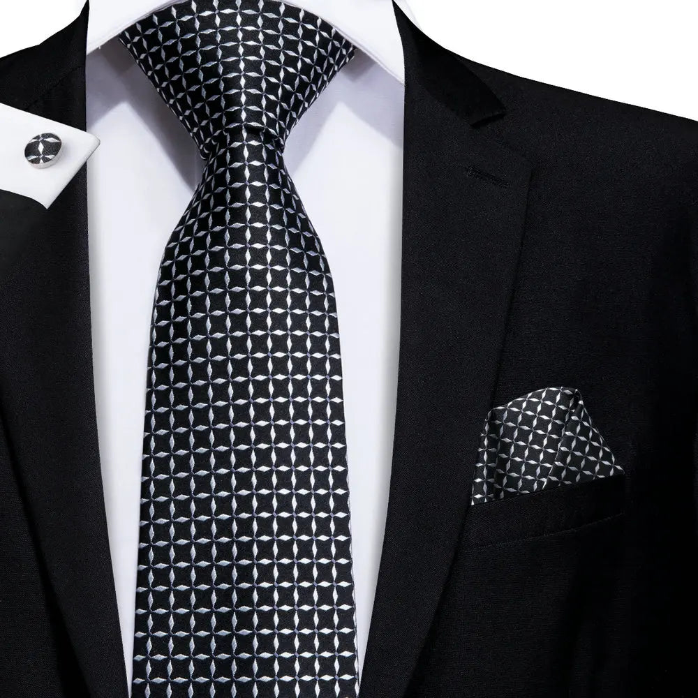 Black Floral Silk Wedding Tie Set - Elegant Necktie with Handkerchief  Cufflinks for Men - ZOOMNSTORE