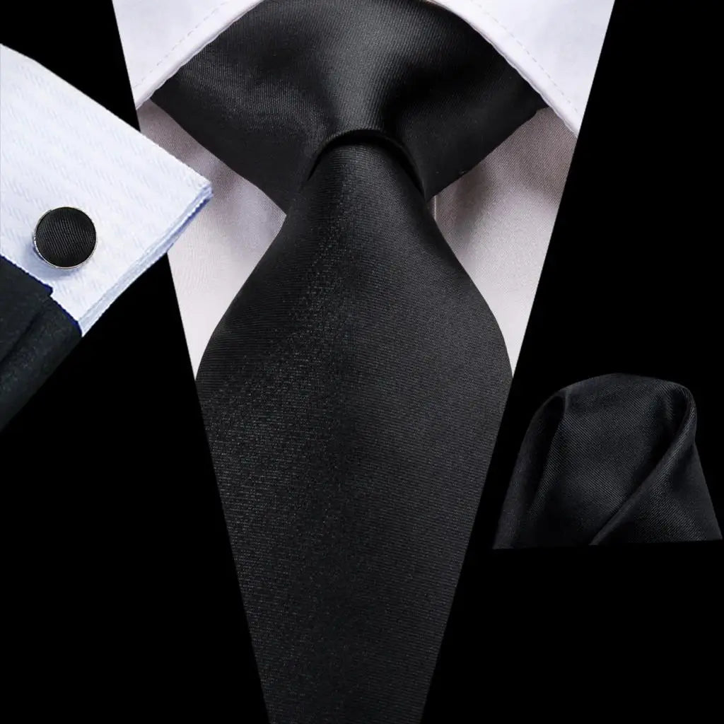 Black Floral Silk Wedding Tie Set - Elegant Necktie with Handkerchief  Cufflinks for Men - ZOOMNSTORE