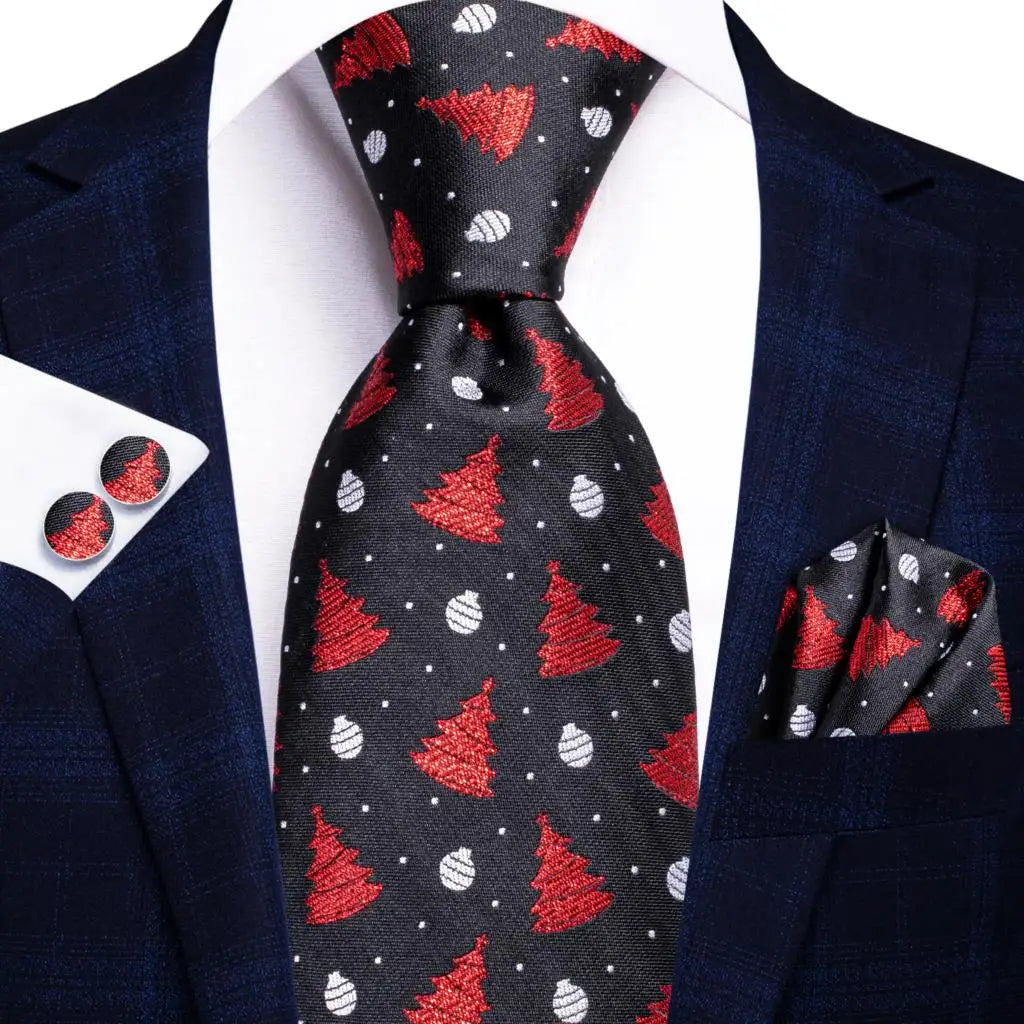 Black Floral Silk Wedding Tie Set - Elegant Necktie with Handkerchief  Cufflinks for Men - ZOOMNSTORE