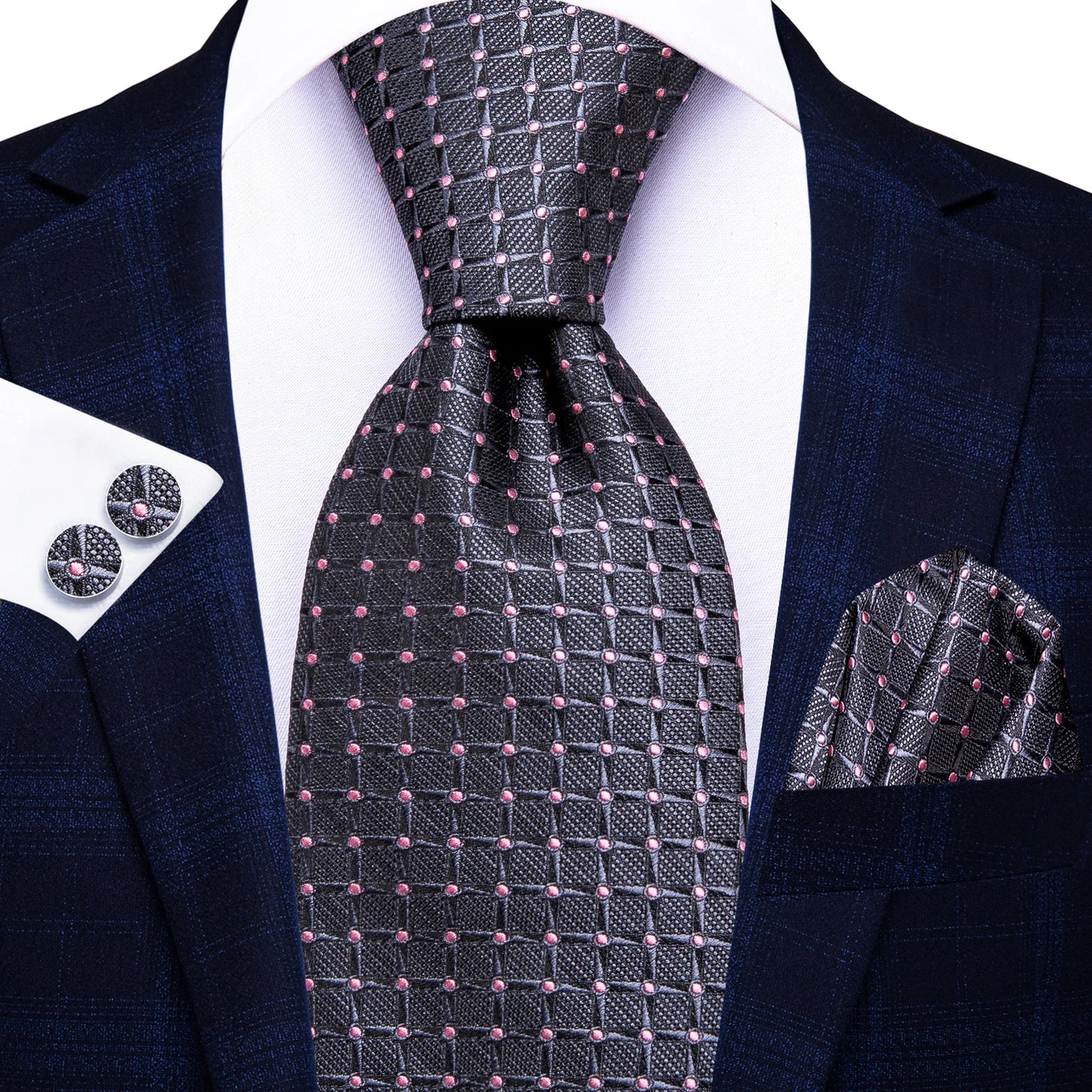 Black Floral Silk Wedding Tie Set - Elegant Necktie with Handkerchief  Cufflinks for Men - ZOOMNSTORE