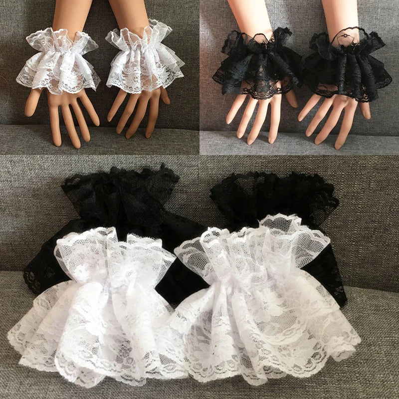 1 pair Lolita Hand Sleeve Wrist Cuffs Ruffled Floral Black Lace Elastic Bracelet Elegant Ladies Short Lace Gloves Halloween - ZOOMNSTORE