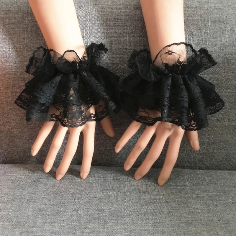 1 pair Lolita Hand Sleeve Wrist Cuffs Ruffled Floral Black Lace Elastic Bracelet Elegant Ladies Short Lace Gloves Halloween - ZOOMNSTORE