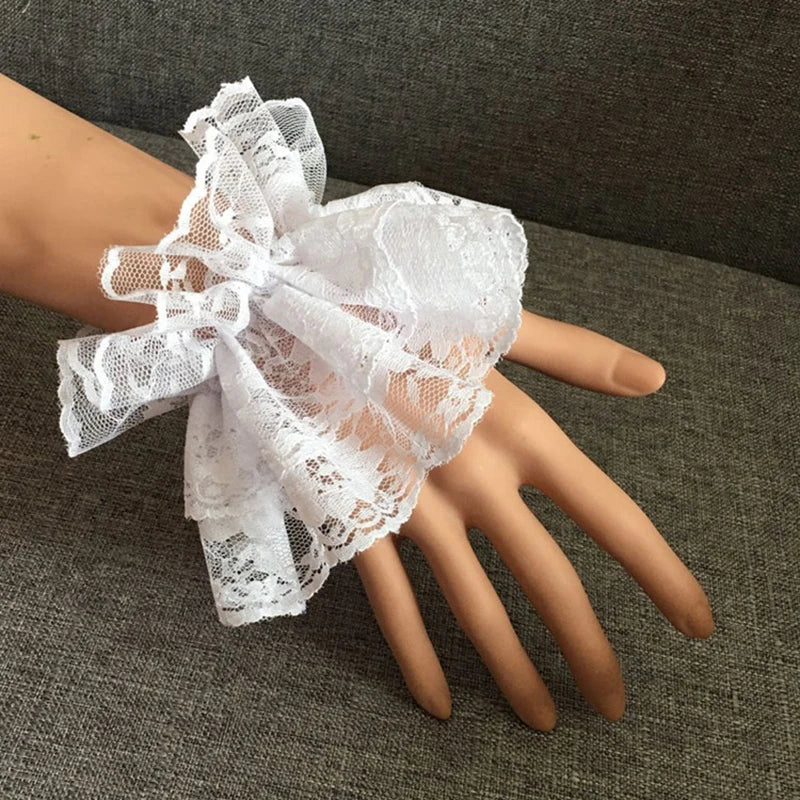 1 pair Lolita Hand Sleeve Wrist Cuffs Ruffled Floral Black Lace Elastic Bracelet Elegant Ladies Short Lace Gloves Halloween - ZOOMNSTORE