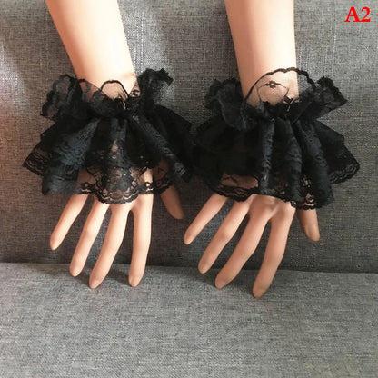1 pair Lolita Hand Sleeve Wrist Cuffs Ruffled Floral Black Lace Elastic Bracelet Elegant Ladies Short Lace Gloves Halloween - ZOOMNSTORE