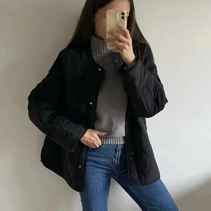 Black Quilted Winter Jacket - Womens Padded Long Sleeve Coat - ZOOMNSTORE