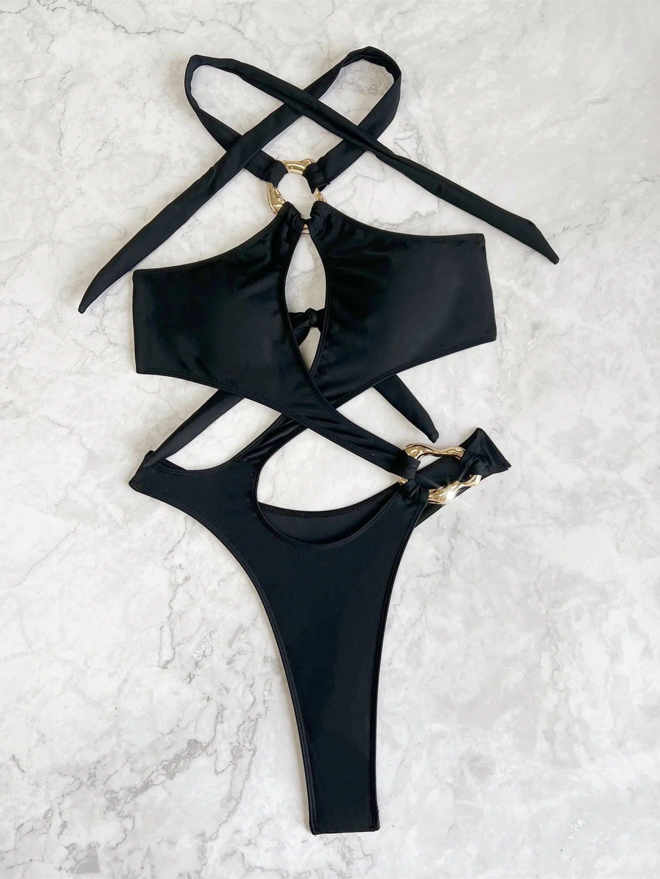 Black High Waist Monokini - Sexy Cross Hollow Back Tie Bikini Bathing Suit for Women - ZOOMNSTORE