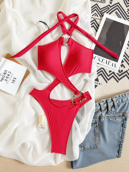 Black High Waist Monokini - Sexy Cross Hollow Back Tie Bikini Bathing Suit for Women - ZOOMNSTORE