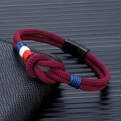 Black Stainless Steel Square Knot Rope Bracelet - Handmade Double-Layer France Flag Couple Jewelry - ZOOMNSTORE