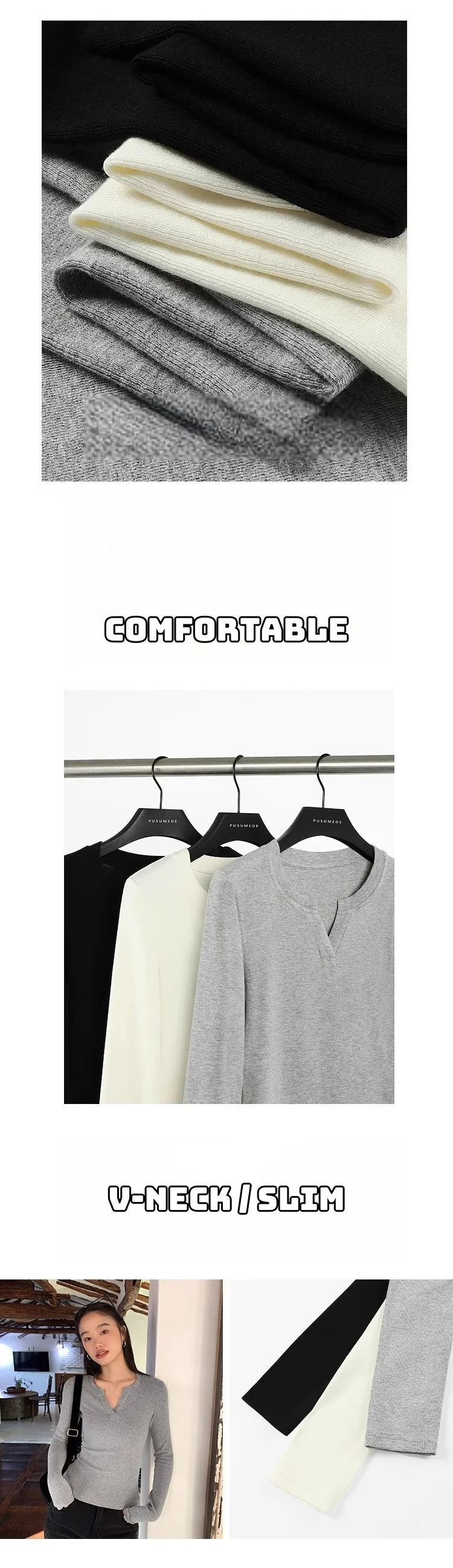 Black V Neck T-Shirt - Women's Slim Long Sleeve Casual Cotton Tee - ZOOMNSTORE
