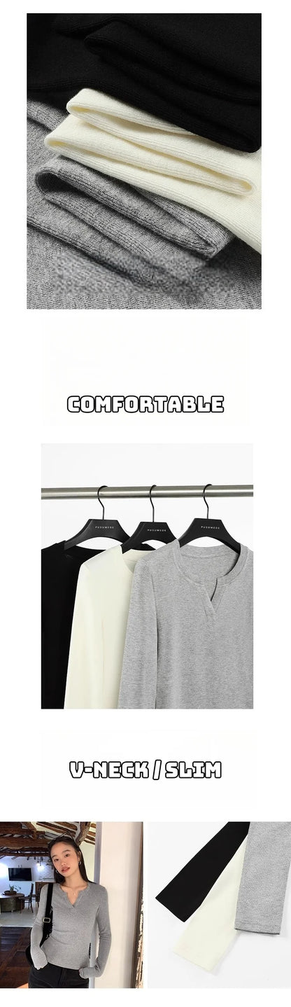 Black V Neck T-Shirt - Women's Slim Long Sleeve Casual Cotton Tee - ZOOMNSTORE