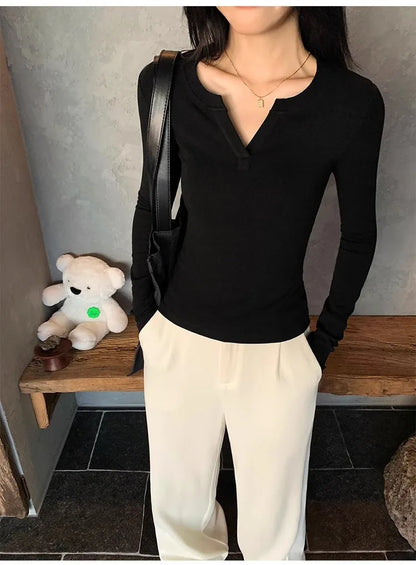 Black V Neck T-Shirt - Women's Slim Long Sleeve Casual Cotton Tee - ZOOMNSTORE