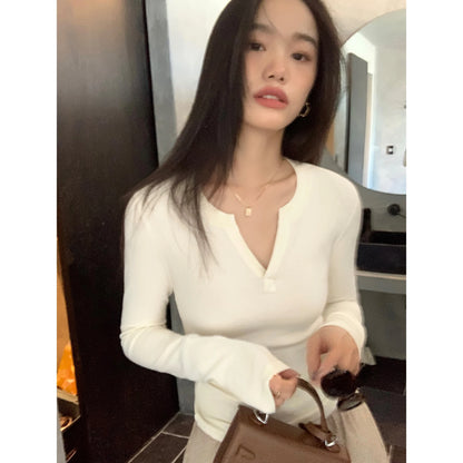 Black V Neck T-Shirt - Women's Slim Long Sleeve Casual Cotton Tee - ZOOMNSTORE