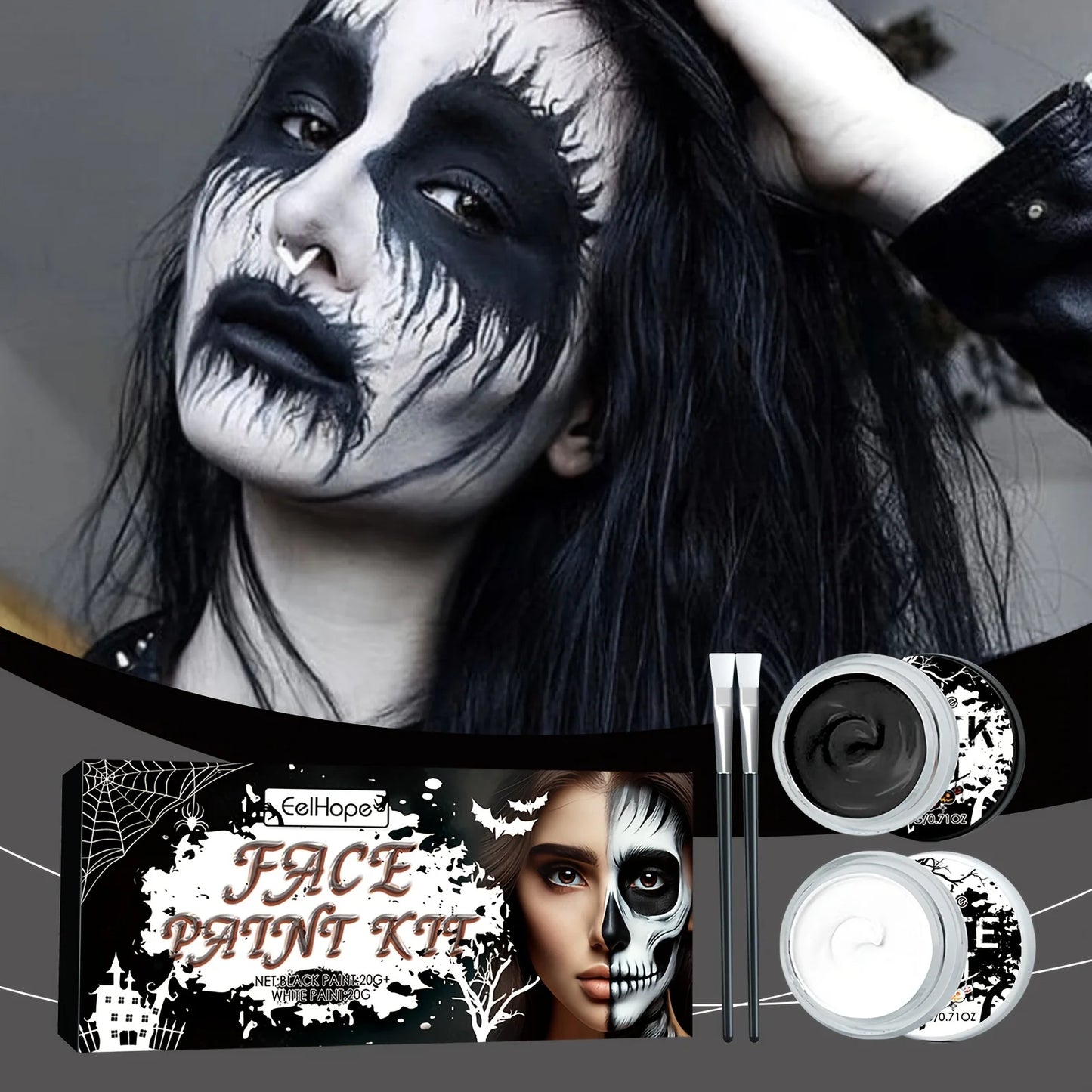 Black & White Face Body Paint Kit with Brushes Long-Lasting Makeup For Halloween Festive Fun Makeup Accessories Makeup Set - ZOOMNSTORE