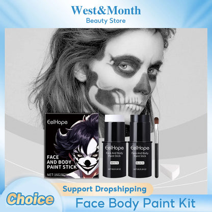 Black White Face Body Paint Kit Cover Foundation Clown Colorful Long Lasting Waterproof Halloween Festive Makeup Accessories Set - ZOOMNSTORE