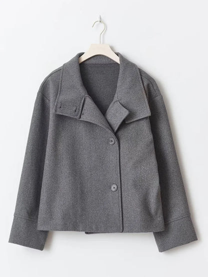 Black Wool Blend Womens Coat - Stand Collar Long Sleeve Warm Jacket - ZOOMNSTORE