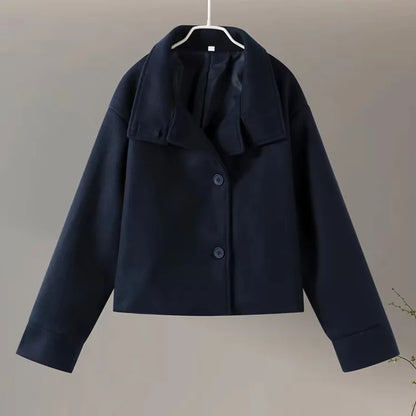Black Wool Blend Womens Coat - Stand Collar Long Sleeve Warm Jacket - ZOOMNSTORE