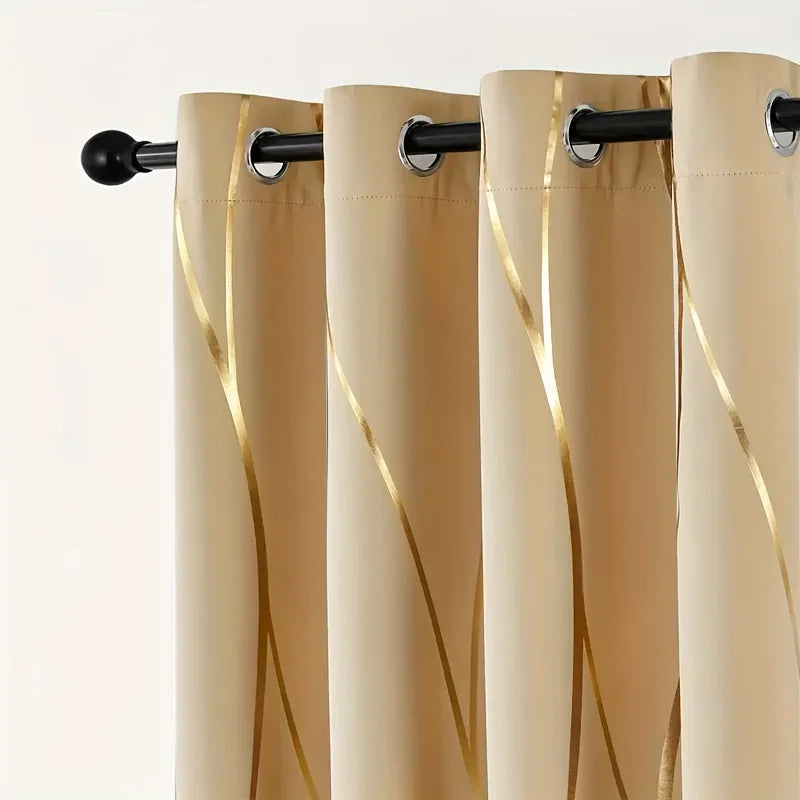 Blackout Curtains – 2Pcs Thermal Insulated Drapes with Golden Wave & Circle Pattern - ZOOMNSTORE