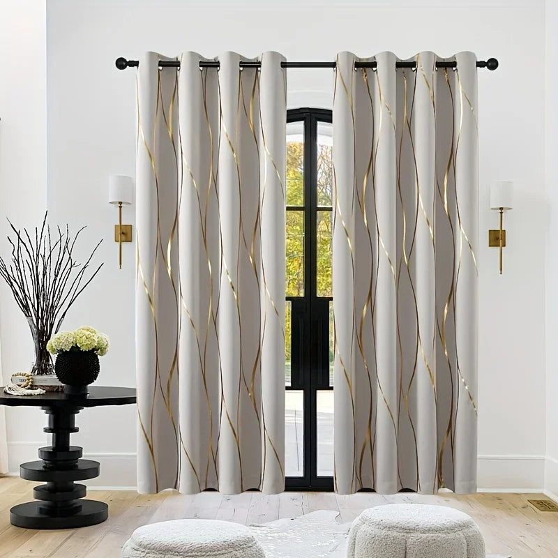 Blackout Curtains – 2Pcs Thermal Insulated Drapes with Golden Wave & Circle Pattern - ZOOMNSTORE
