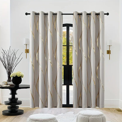 Blackout Curtains – 2Pcs Thermal Insulated Drapes with Golden Wave & Circle Pattern - ZOOMNSTORE