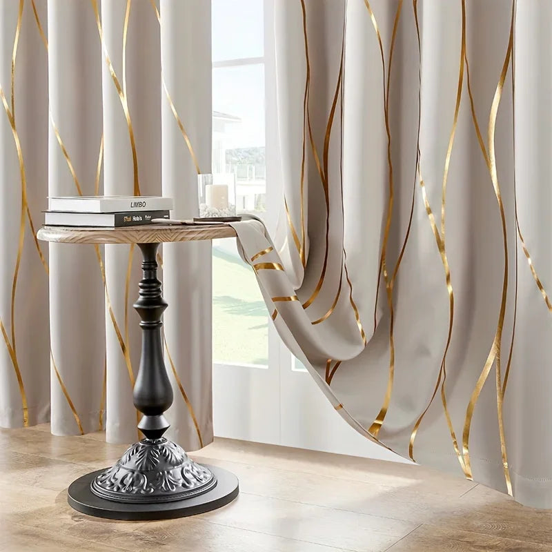 Blackout Curtains – 2Pcs Thermal Insulated Drapes with Golden Wave & Circle Pattern - ZOOMNSTORE