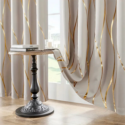 Blackout Curtains – 2Pcs Thermal Insulated Drapes with Golden Wave & Circle Pattern - ZOOMNSTORE