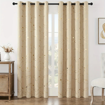 Blackout Curtains – 2Pcs Thermal Insulated Drapes with Golden Wave & Circle Pattern - ZOOMNSTORE